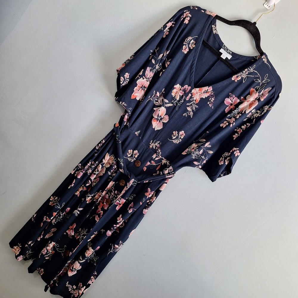 J Jill Vneck‎ Jersey Knit Maxi Dress Womens XL Navy Floral Oversized Flowy Boho